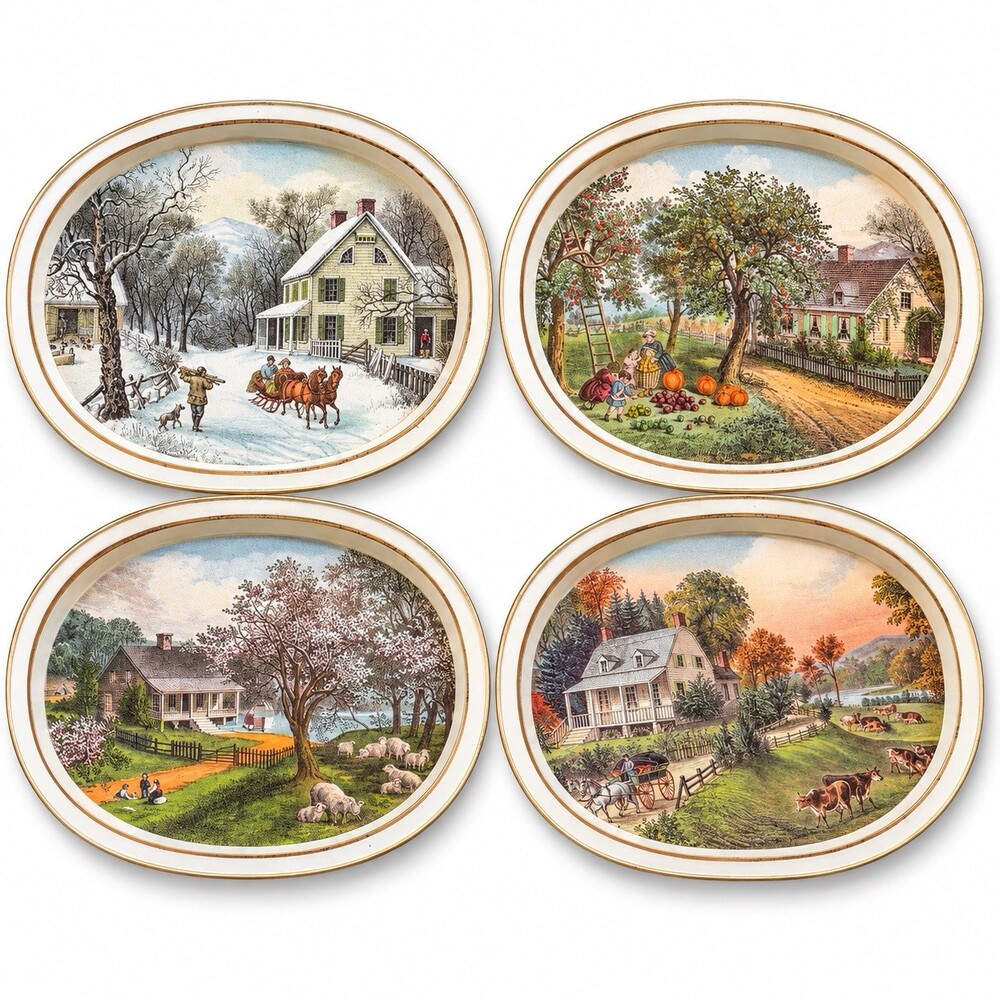 Vintage Currier And Ives Metal Trays American Homestead 4 Seasons Oval Set Of 4